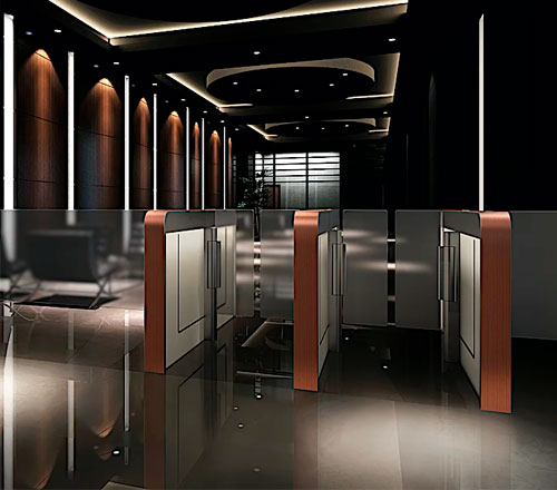 Carril de media altura para control de acceso de acero inoxidable y ´puertas abatibles de diseño arquitectónico